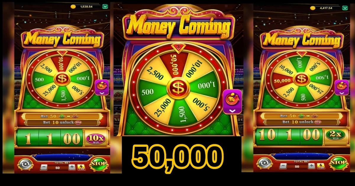 Interface do jogo Money Coming demo mostrando rolos com símbolos de dinheiro e bônus ativado.